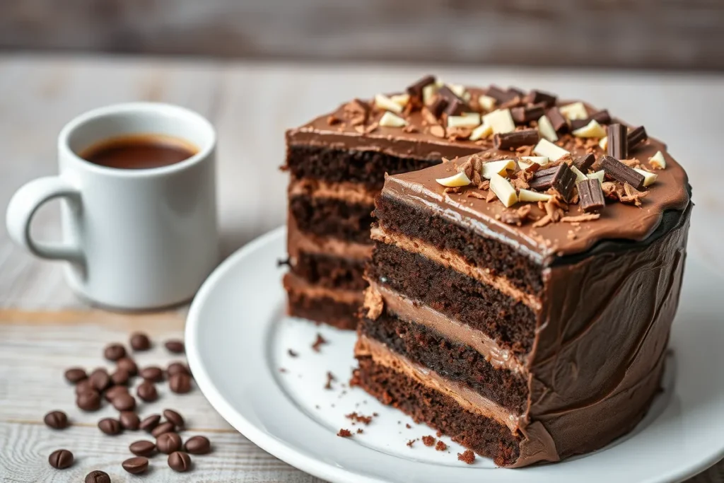 Triple chocolate cake with three layers of rich chocolate sponge, chocolate ganache, and frosting, decorated with chocolate shavings, displayed on a white plate with a rustic background. Perfect for chocolate lovers and special occasions