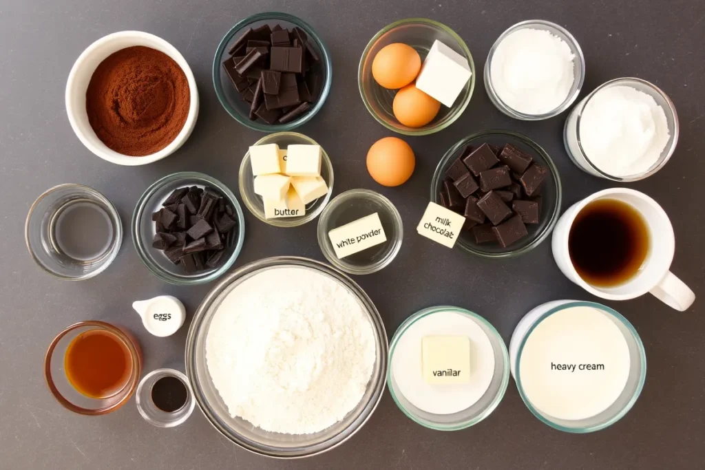 Ingredients for Triple Chocolate Cake, including cocoa powder, dark chocolate, milk chocolate, white chocolate, eggs, butter, flour, sugar, and vanilla extract, arranged on a kitchen counter