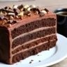 Triple chocolate cake with three layers of rich chocolate sponge, chocolate ganache, and frosting, decorated with chocolate shavings, displayed on a white plate with a rustic background. Perfect for chocolate lovers and special occasions