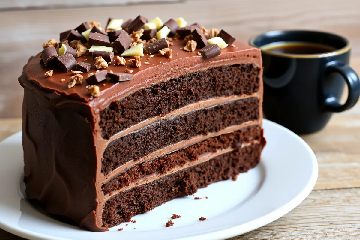 Triple chocolate cake with three layers of rich chocolate sponge, chocolate ganache, and frosting, decorated with chocolate shavings, displayed on a white plate with a rustic background. Perfect for chocolate lovers and special occasions