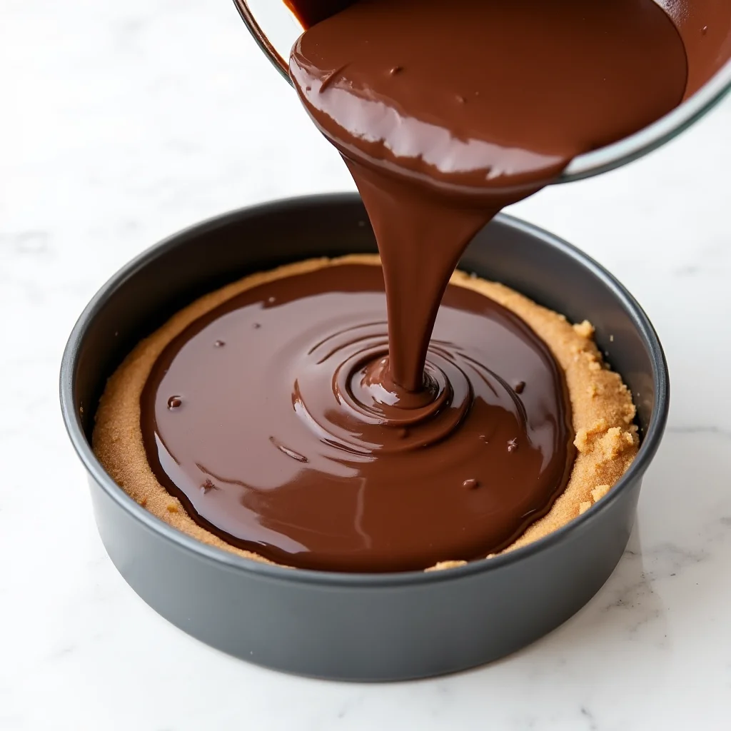 Chocolate ganache being poured over peanut butter cheesecake filling