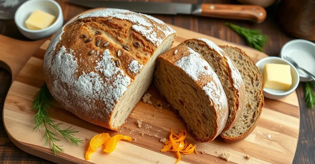 Swedish Limpa Rye Bread sliced to show its dense, moist texture, with caraway seeds, orange zest, and rye flour on top, styled in a rustic kitchen setting