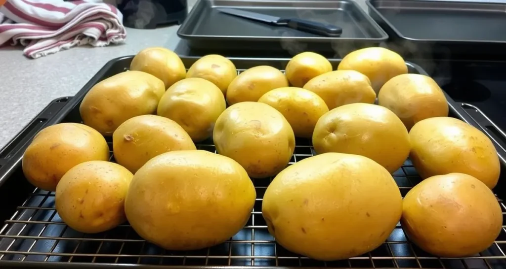 Freshly baked russet potatoes cooling on a wire rack, ready for slicing and scooping