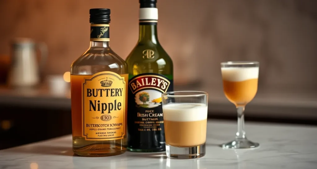 Butterscotch schnapps and Irish cream (Baileys) ingredients for Buttery Nipple cocktail

