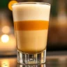 Buttery Nipple shot with layers of butterscotch schnapps and Irish cream in a clear shot glass.