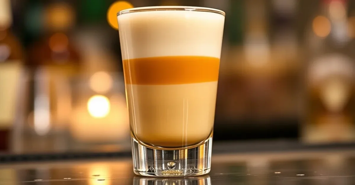 Buttery Nipple shot with layers of butterscotch schnapps and Irish cream in a clear shot glass.