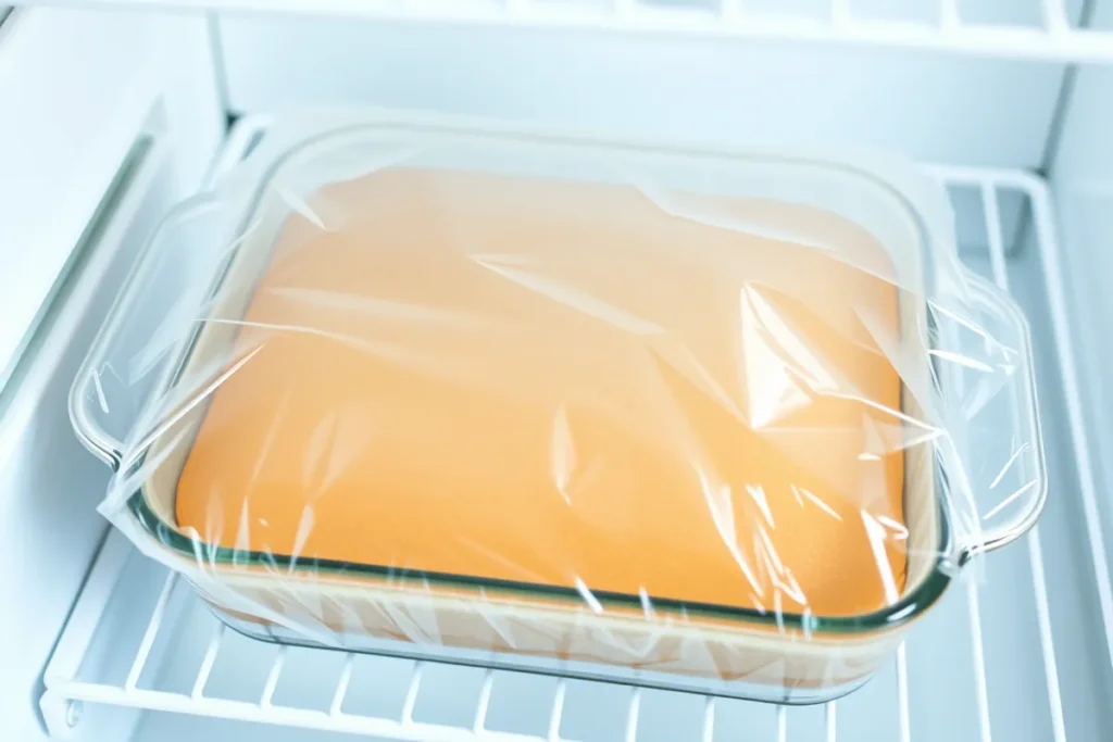 Covering the Éclair Cake with plastic wrap or aluminum foil, placing it in the fridge to chill for at least 4 hours or overnight, allowing the graham crackers to soften and the flavors to meld