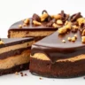 Chocolate Double Fudge Peanut Butter Cheesecake with layers of creamy peanut butter and chocolate ganache, served with a slice on a white plate