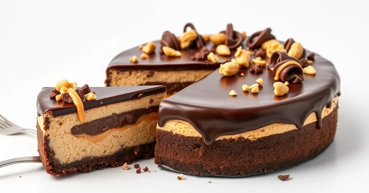 Chocolate Double Fudge Peanut Butter Cheesecake with layers of creamy peanut butter and chocolate ganache, served with a slice on a white plate