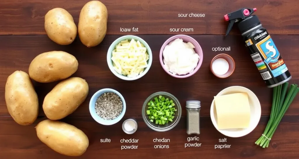 Ingredients for Cottage Cheese Recipe for Air Fryer Baked Potato Skins, including russet potatoes, cottage cheese, sour cream, cheddar cheese, green onions, and spices