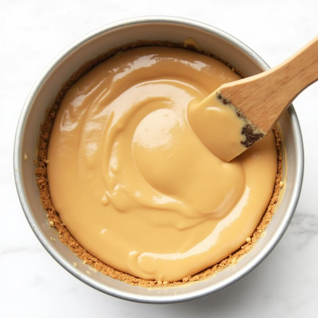 Peanut butter and cream cheese filling being poured over the graham cracker crust in a springform pan