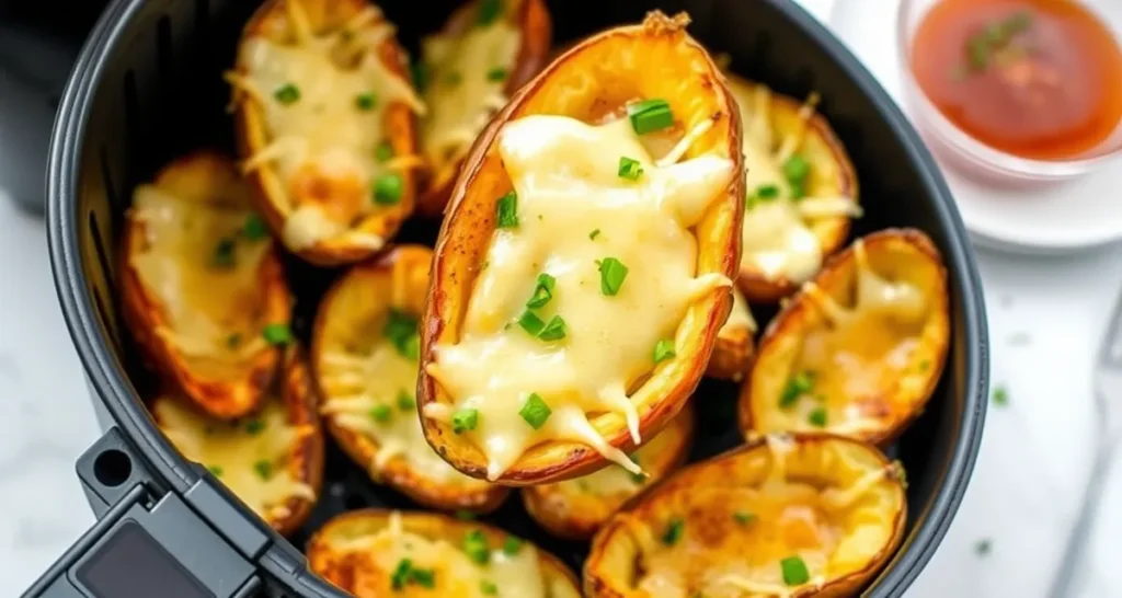 Golden and crispy potato skins with melted cheese and fresh herbs, served with dipping sauce