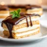 A beautifully presented slice of no-bake Éclair Cake with layers of graham crackers, creamy vanilla pudding, and rich chocolate topping, served on a white plate with a drizzle of chocolate and fresh mint garnish