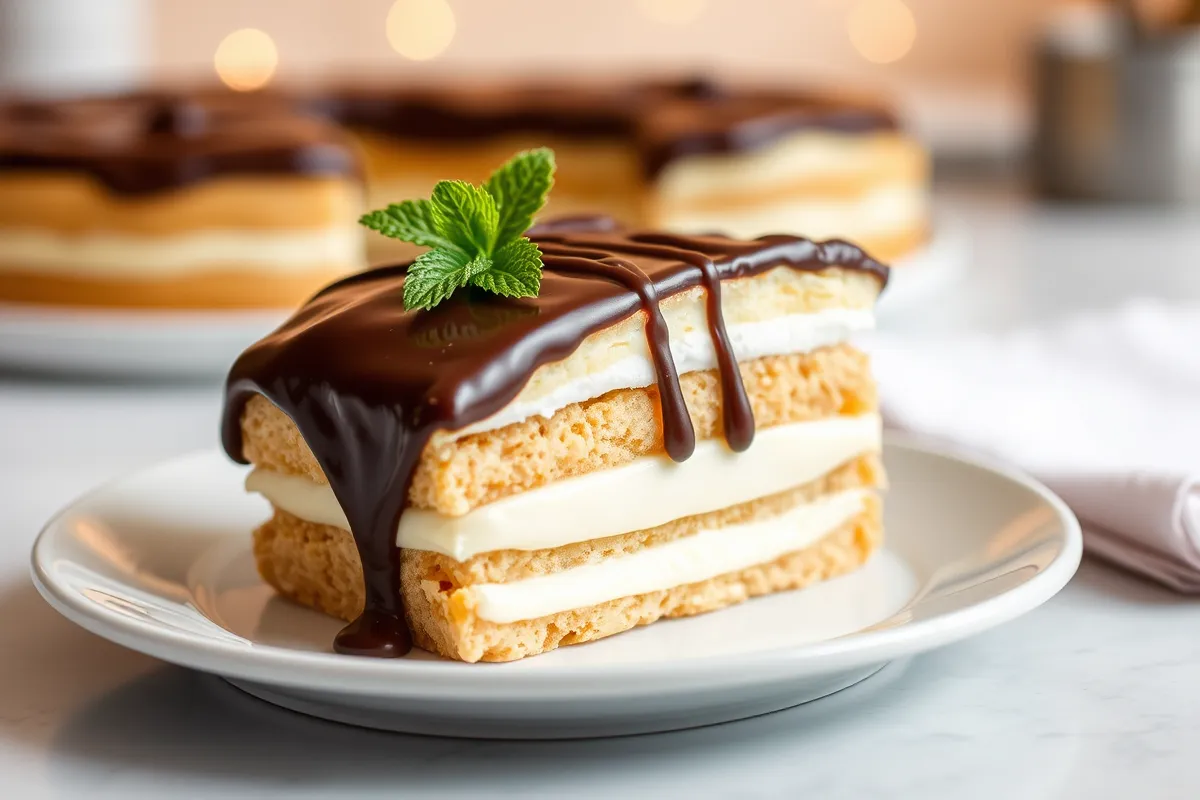 A beautifully presented slice of no-bake Éclair Cake with layers of graham crackers, creamy vanilla pudding, and rich chocolate topping, served on a white plate with a drizzle of chocolate and fresh mint garnish