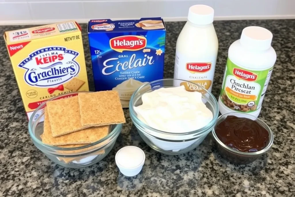 The ingredients for Éclair Cake including graham crackers, vanilla pudding, whipped cream, and chocolate topping ready for preparation