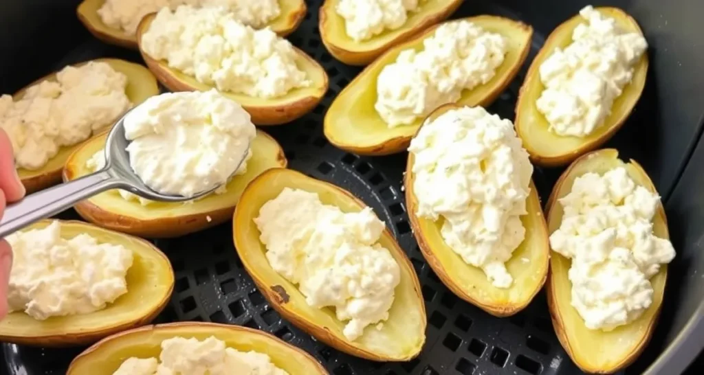 Potato skins being filled with a creamy cottage cheese mixture, ready for air frying