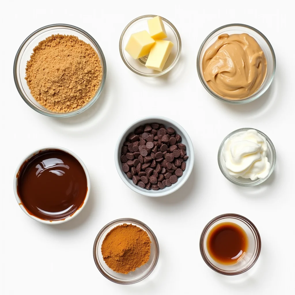 A display of fresh, high-quality ingredients for making Chocolate Double Fudge Peanut Butter Cheesecake, including graham cracker crumbs, butter, cream cheese, peanut butter, dark chocolate chips, and whipped topping