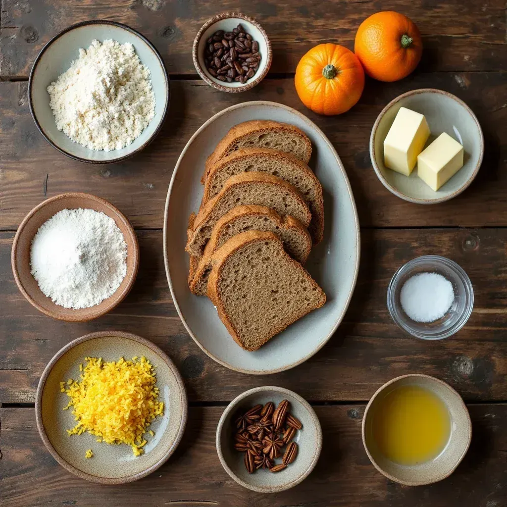 Ingredients for Swedish Limpa Rye Bread including rye flour, all-purpose flour, molasses, spices, and butter