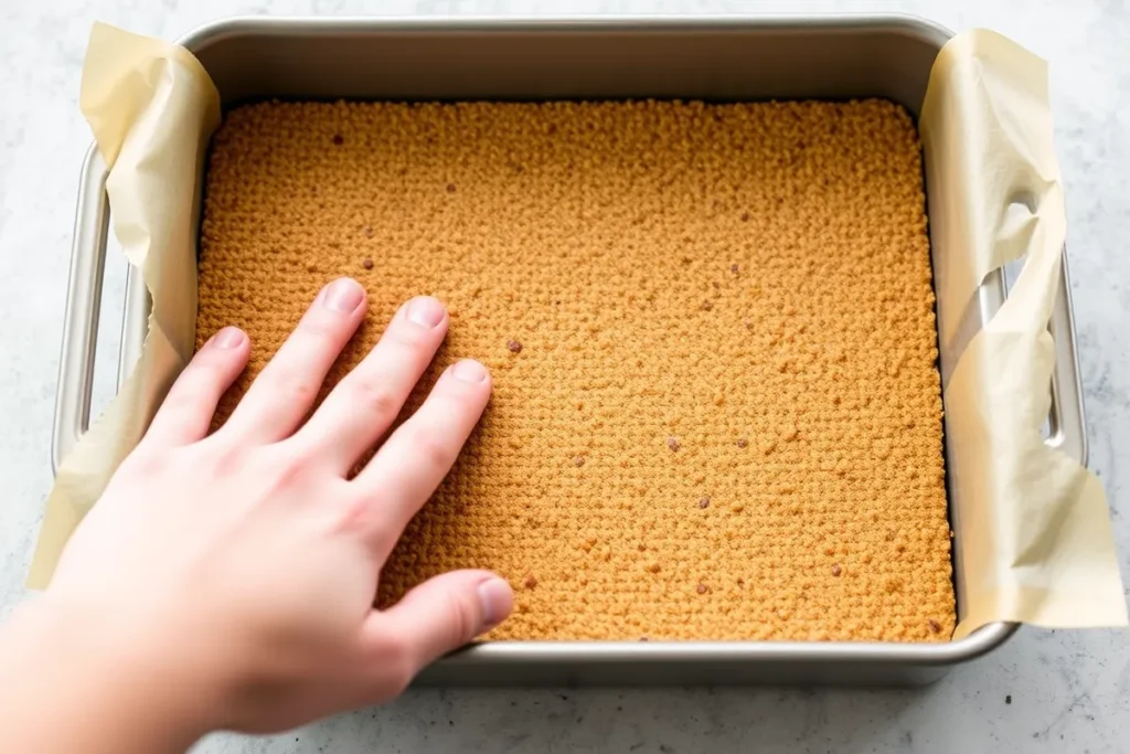 Layering graham crackers in a baking dish for the base of Éclair Cake recipe