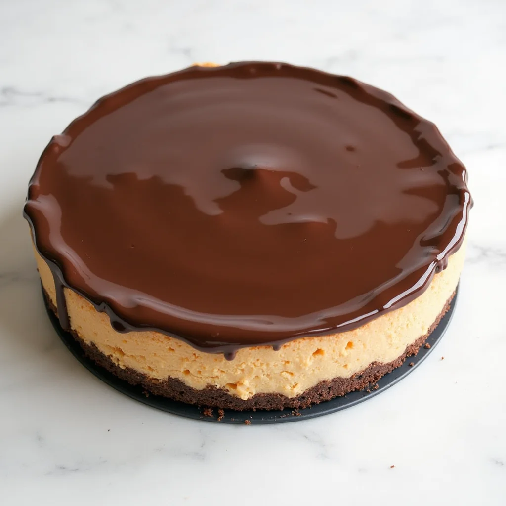 Chocolate double fudge peanut butter cheesecake ready to chill in the fridge