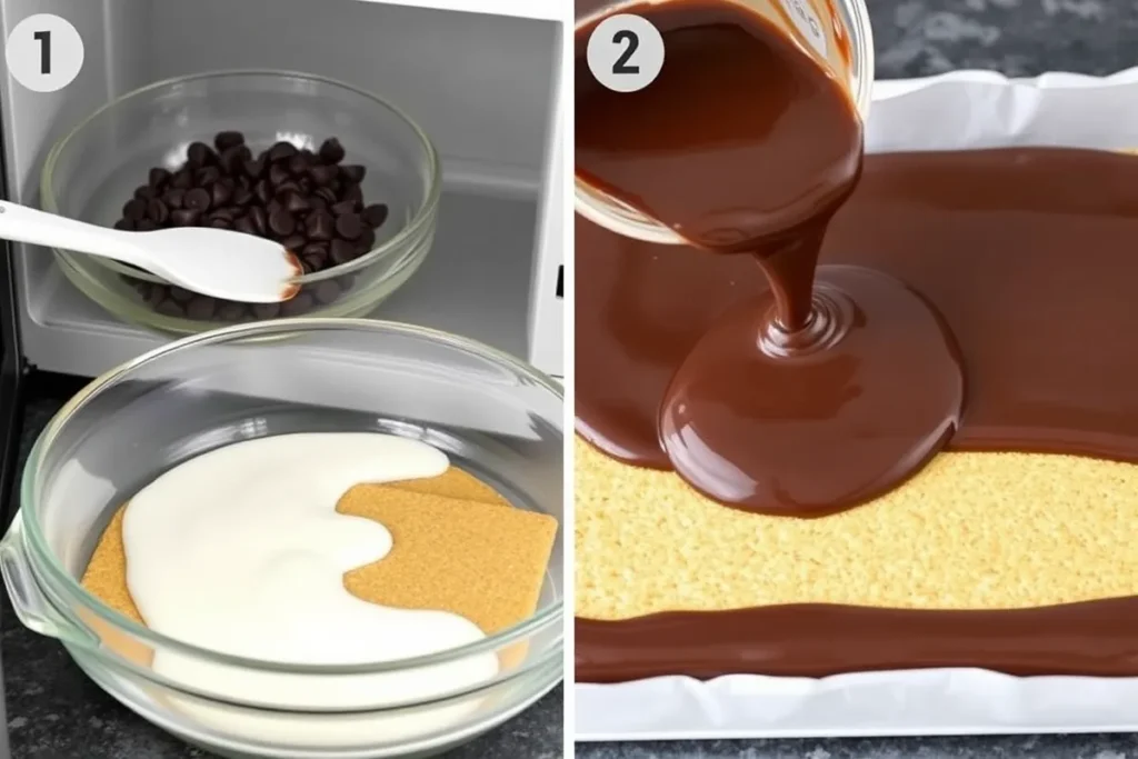 Melting semi-sweet chocolate chips and heavy cream in a microwave-safe bowl to create a smooth and glossy ganache for the Éclair Cake topping. Spreading the ganache evenly across the top layer of graham crackers using a spatula