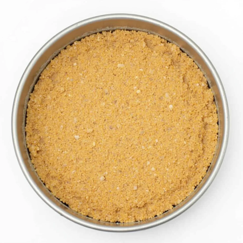 Graham cracker crust being pressed into a springform pan for peanut butter cheesecake