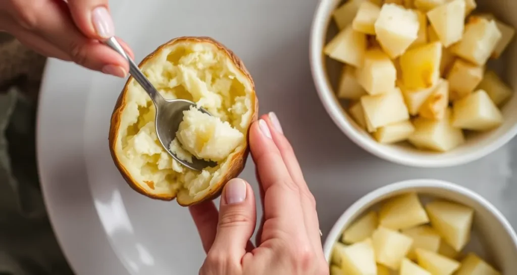 Halved baked potatoes being scooped to prepare for filling, with a bowl of potato flesh