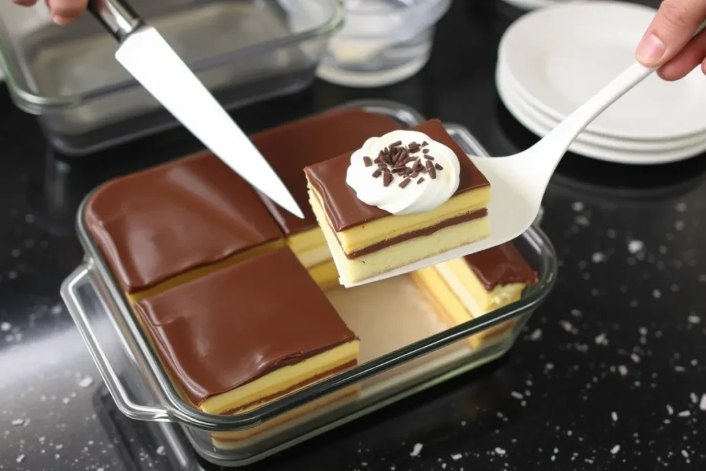 An elegantly presented Éclair Cake sliced into neat squares, garnished with whipped cream and chocolate shavings, ready to be served for a perfect dessert experience