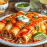 Close-up of Boulders Enchilada Recipe featuring chicken enchiladas with melted cheese, red enchilada sauce, sour cream, avocado, and lime wedges on a rustic wooden table