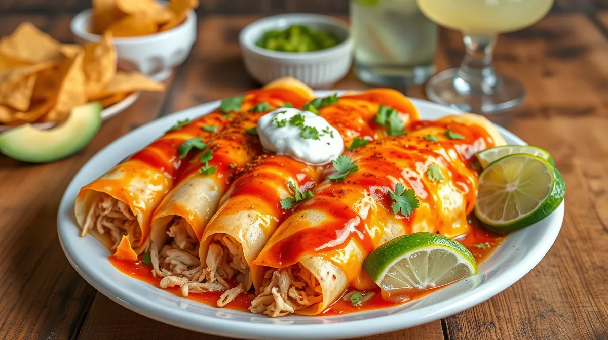 Close-up of Boulders Enchilada Recipe featuring chicken enchiladas with melted cheese, red enchilada sauce, sour cream, avocado, and lime wedges on a rustic wooden table