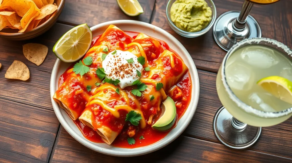 Close-up of Boulders Enchilada Recipe featuring chicken enchiladas with melted cheese, red enchilada sauce, sour cream, avocado, and lime wedges on a rustic wooden table