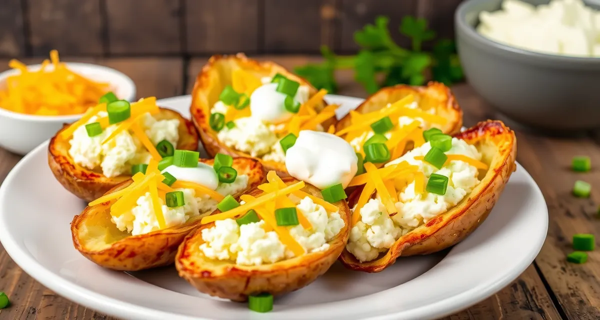 Golden-brown air fryer baked potato skins filled with creamy cottage cheese, cheddar, and green onions on a white plate