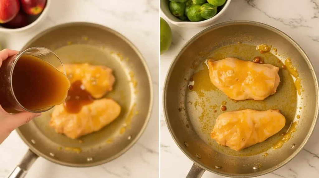 Pouring apple honey glaze over golden brown chicken in a skillet