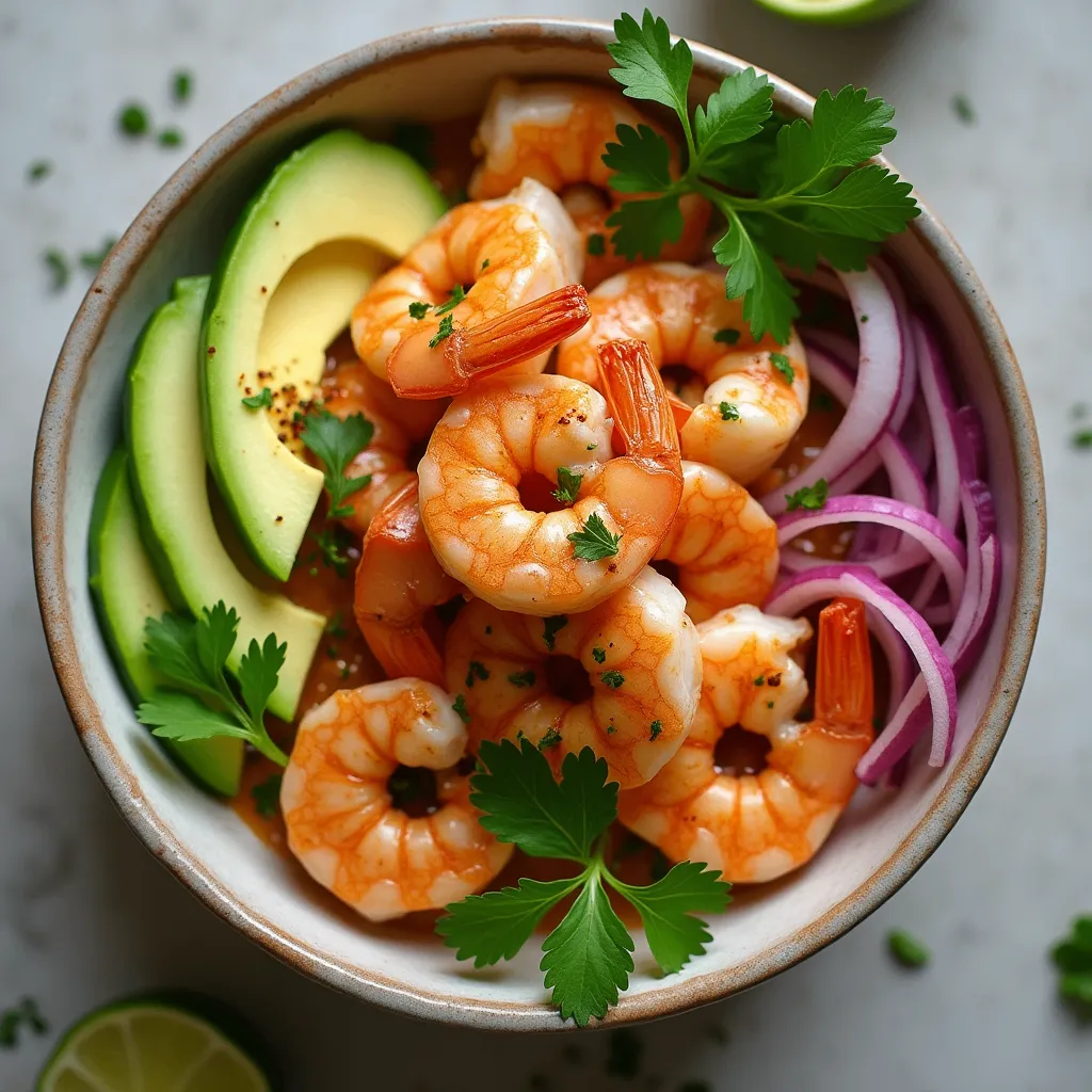 Aerial view of Garlic Shrimp Aguachile with fresh avocado, cucumber, red onion, and cilantro in a shallow bowl.