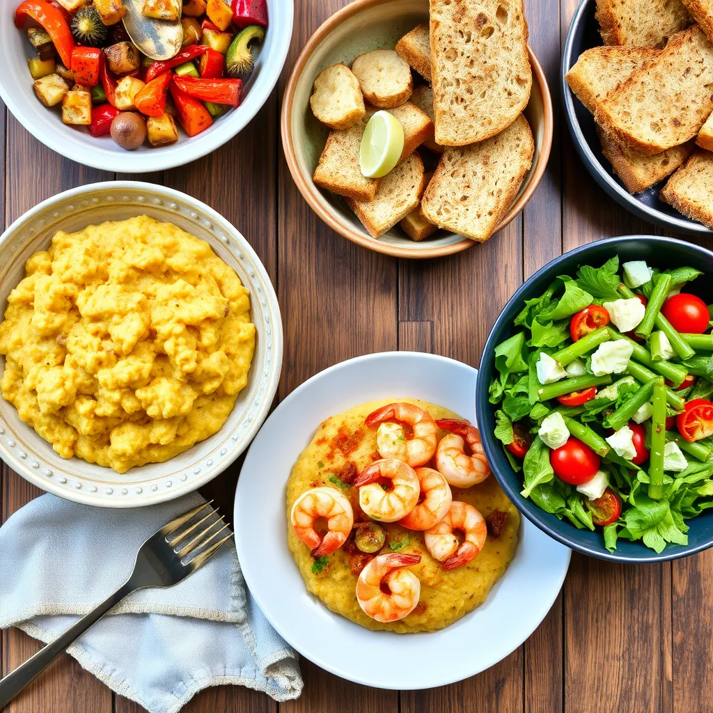 A variety of best side dishes, including roasted vegetables, garlic bread, and a fresh green salad, perfect to pair with shrimp polenta.