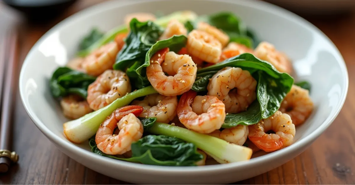 Bok Choy and Shrimp Stir-Fry with garlic, ginger, soy sauce, and sesame oil in a white bowl.