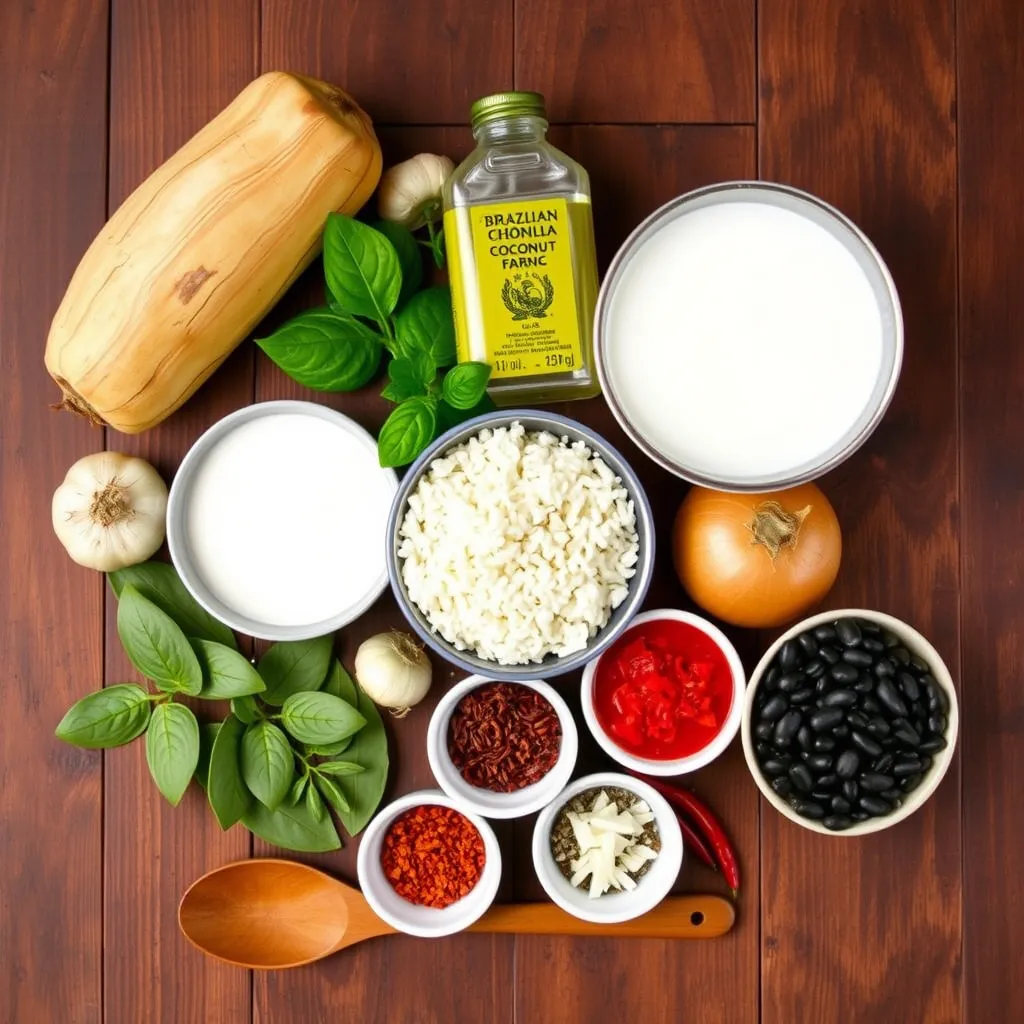 A top-down view of fresh ingredients for Brazilian Mounjaro, including cassava, black beans, rice, coconut milk, and traditional Brazilian spices.