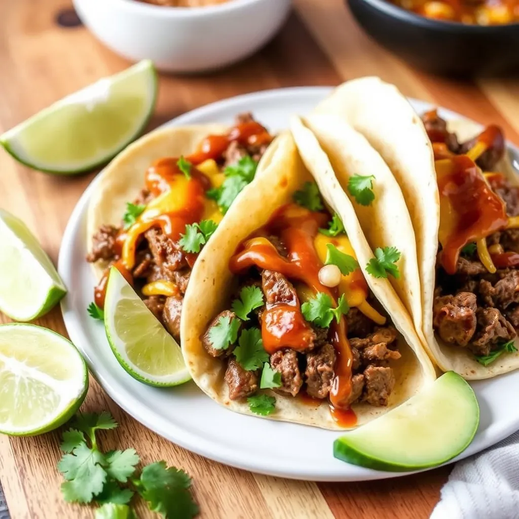 Close-up of Garlic Butter Honey BBQ Beef Tacos with melted cheese, honey BBQ sauce, cilantro, avocado, and lime wedges