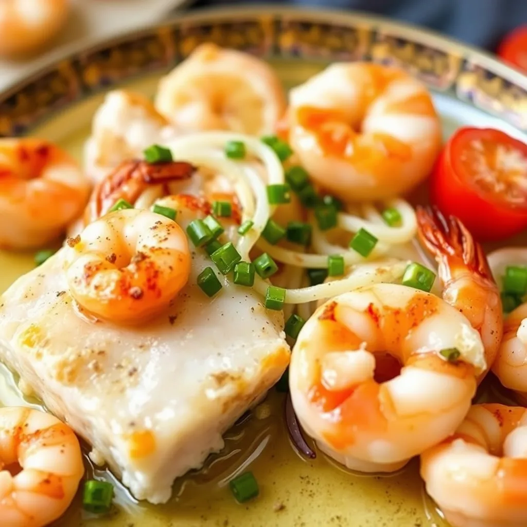 A beautifully plated Cod and Shrimp dish with golden-brown cod and juicy shrimp, garnished with fresh herbs, lemon wedges, and a drizzle of garlic butter sauce.