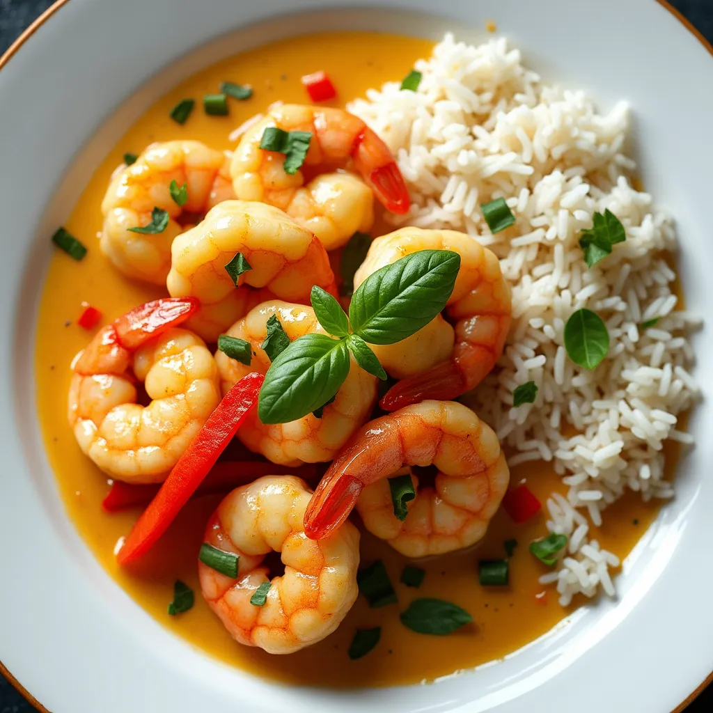 Overhead view of creamy coconut shrimp on a plate, garnished with fresh basil and red bell peppers, served with jasmine rice