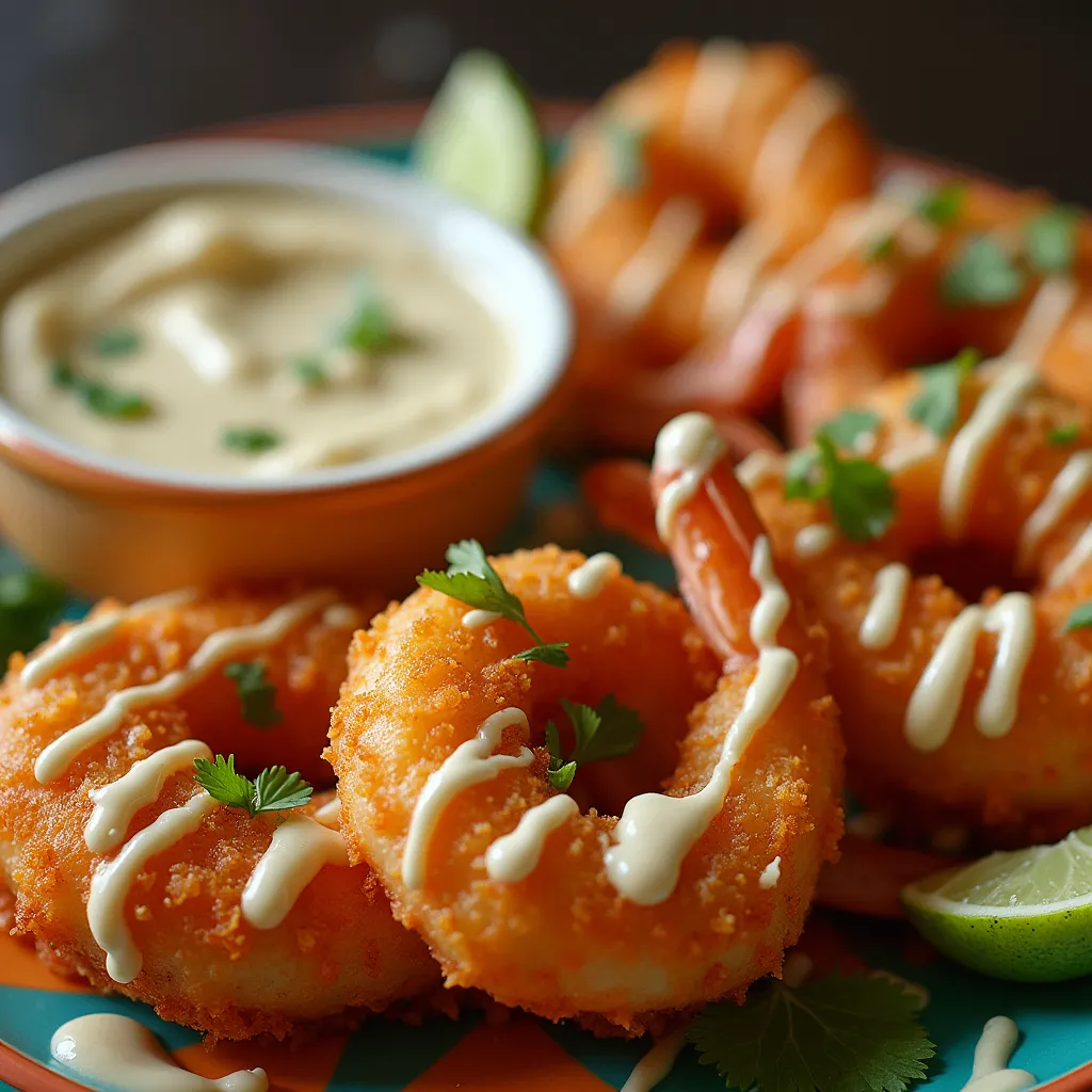 Close-up view of crispy Boom Boom Shrimp drizzled with creamy Boom Boom sauce, garnished with cilantro and lime