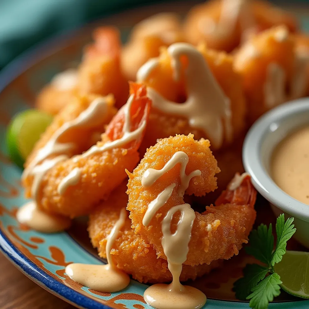 Close-up view of crispy Boom Boom Shrimp drizzled with creamy Boom Boom sauce, garnished with cilantro and lime