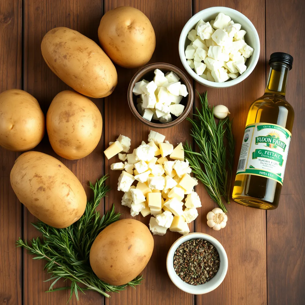 A close-up image showing the fresh ingredients for baked feta potatoes, including Yukon Gold or Russet potatoes, crumbled feta cheese, olive oil, garlic, and Mediterranean herbs like thyme, rosemary, and oregano.