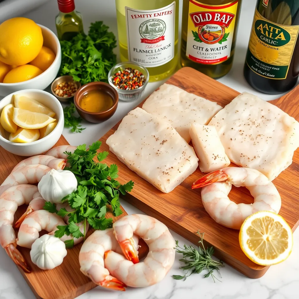 Fresh cod fillets, shrimp, spices, lemon, and herbs arranged on a kitchen counter for a seafood recipe