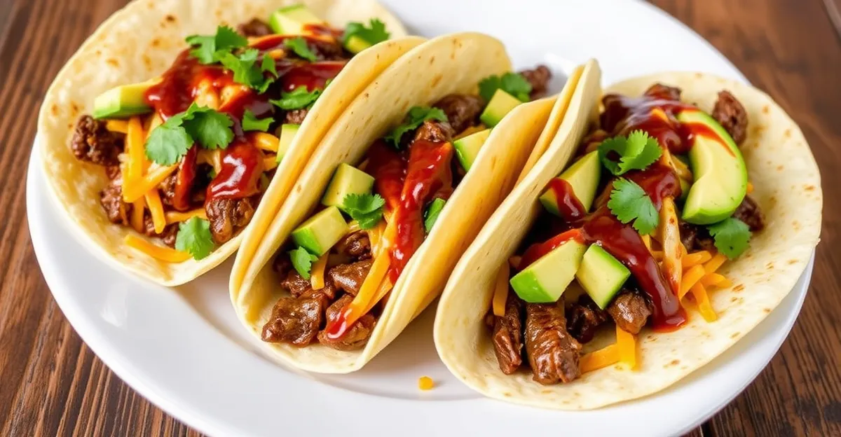 Garlic Butter Honey BBQ Beef Tacos with melted cheese, avocado, cilantro, and BBQ sauce on soft tortillas