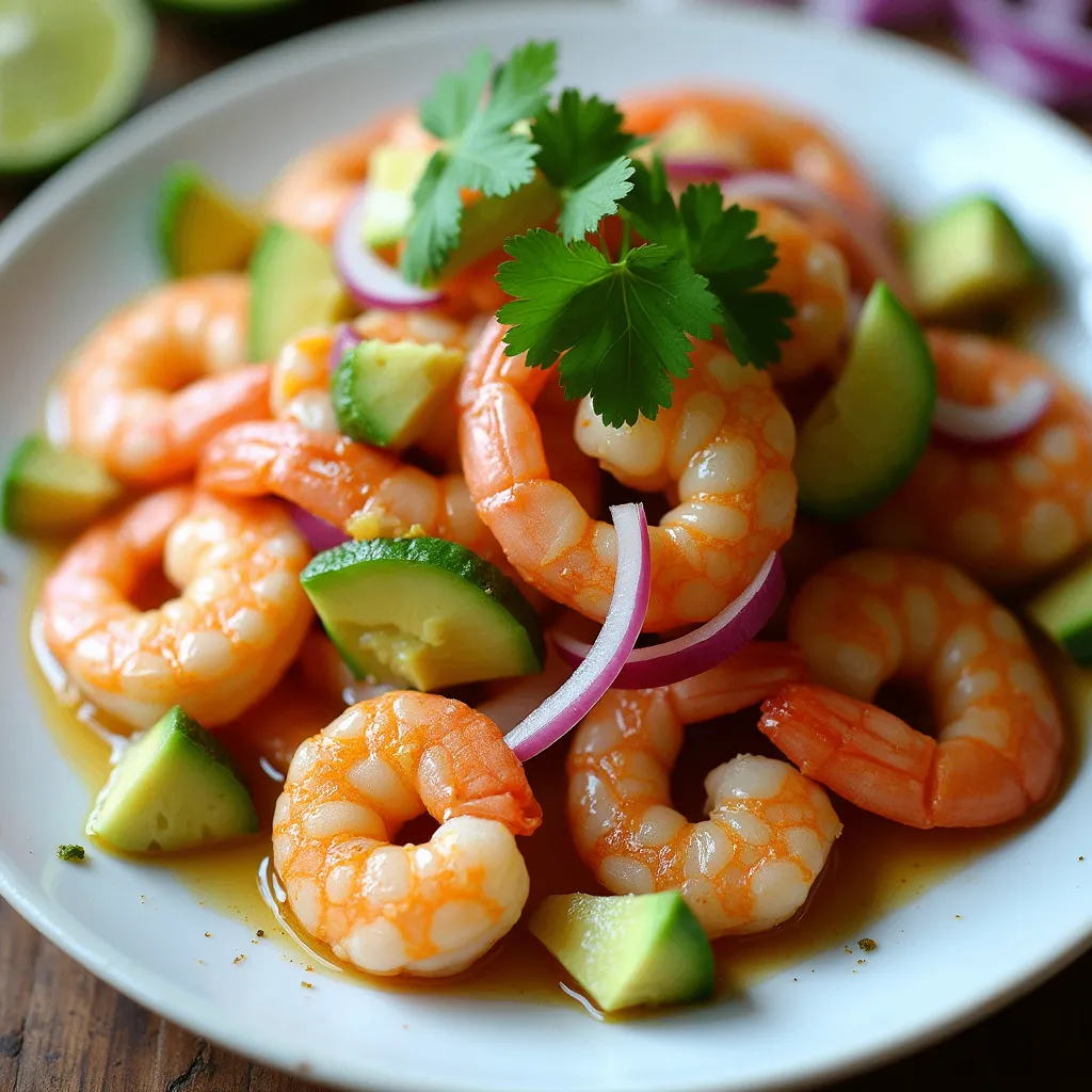  A vibrant plate of Garlic Shrimp Aguachile garnished with fresh avocado, cucumber, and red onion.