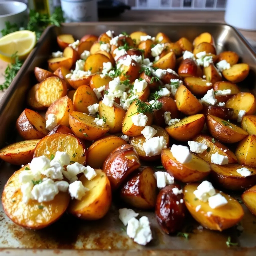 Golden roasted potatoes topped with crumbled feta cheese, garlic, and fresh herbs