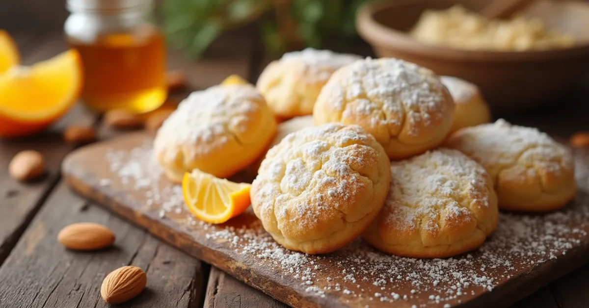 Traditional Italian Ricciarelli honey cookies dusted with powdered sugar, served on a rustic wooden table with a jar of golden honey, almond slices, and fresh orange slices