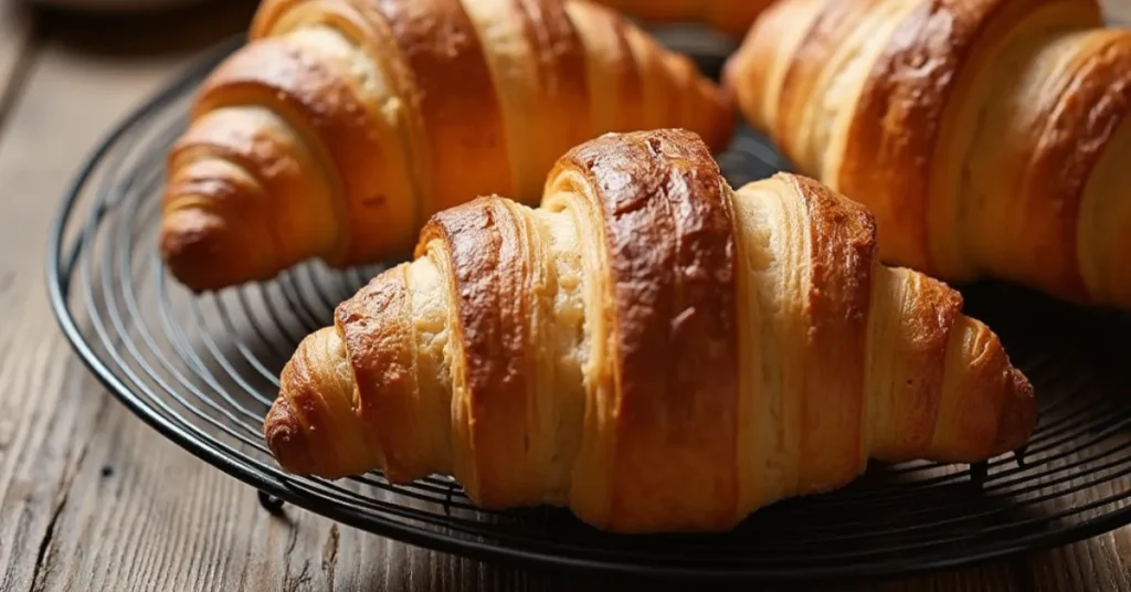 Freshly baked Swiss Gipfeli croissants on a cooling rack