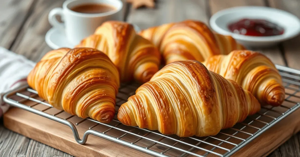 Freshly baked Swiss Gipfeli croissants on a cooling rack